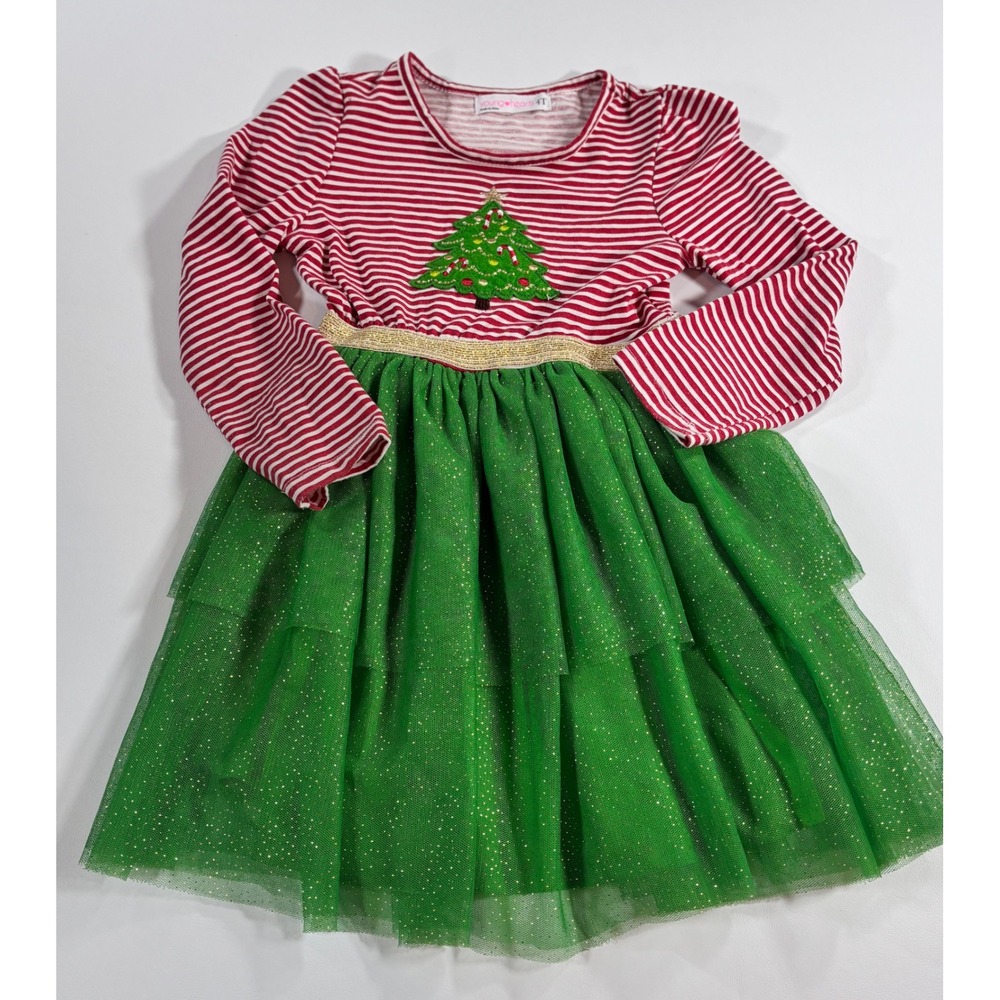 Young Hearts Christmas Dress Tree Stripe Tulle Glitter Red Green Girls 4T
